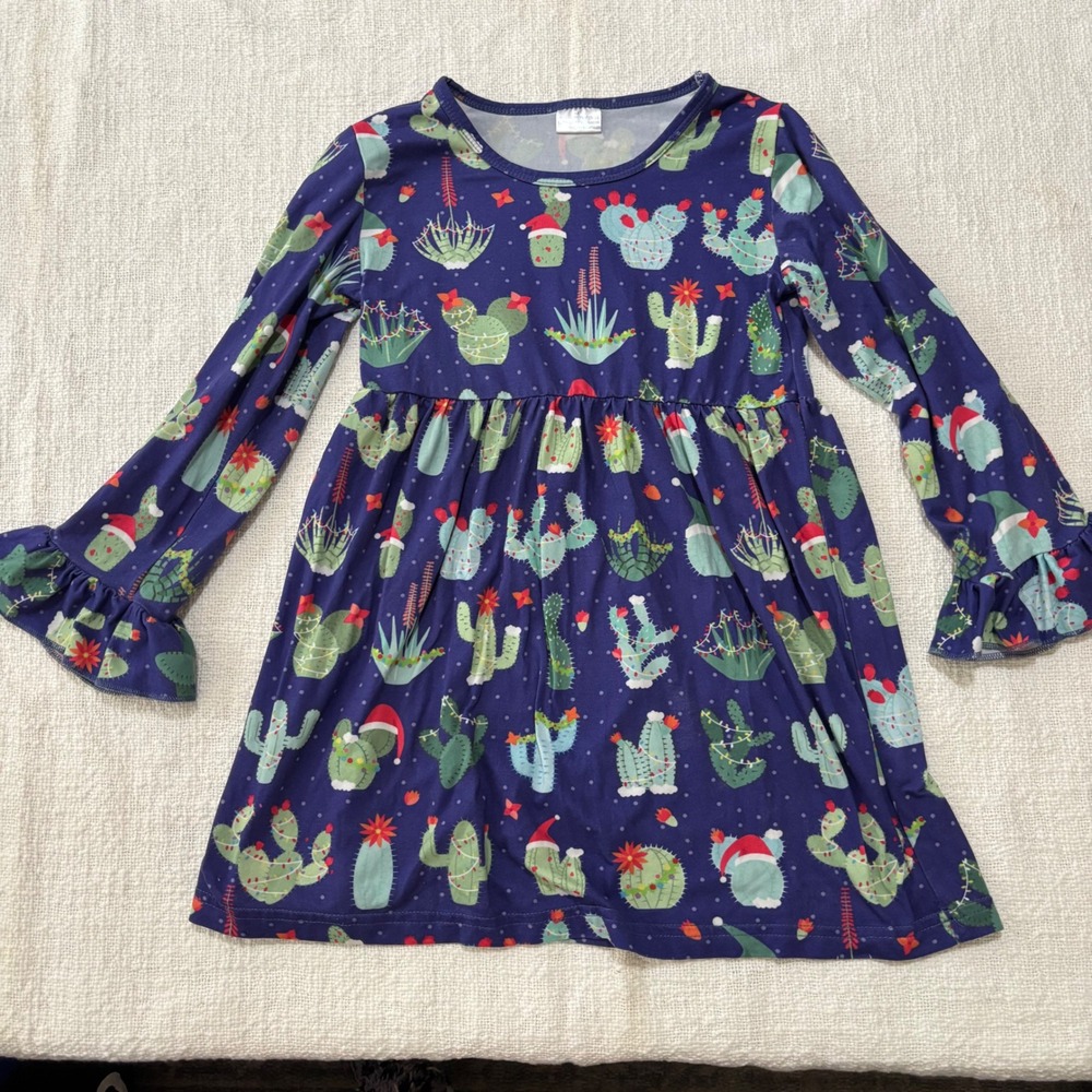 Girls Christmas Cactus Holiday Dress Navy Blue Ruffle Sleeve XXL